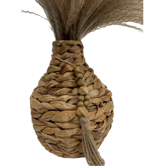 Boho style woven basket vase with wispy feather fillers 10” tall - Picture 2 of 9